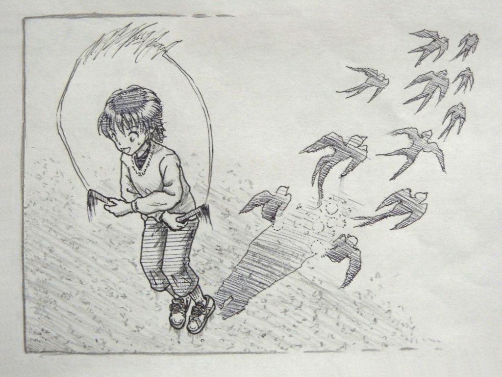 イラスト：２重交差が続いて、当惑するように笑顔を見せる女の子。その影から、何羽もつばめが飛び立っていく。イラスト全体の枠線は、飛び立つつばめのあたりから見えなくなっている。