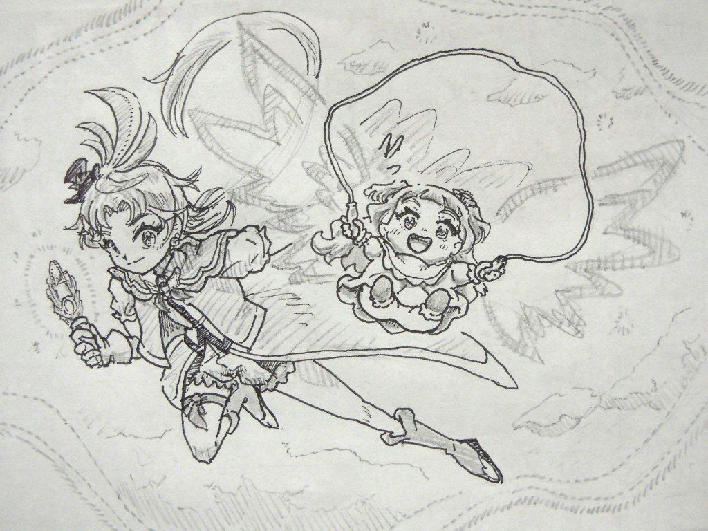 イラスト：大空で、キュアウィングが片手を伸ばす先で、プリンセスのエルちゃんが縄を持ってうれしそうに空中に浮かんでいる。翼のような光が背中に見える。まるで、姫を称える騎士のよう。
