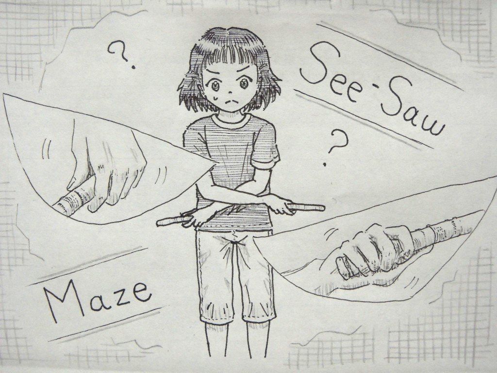 イラスト：交差を作る女の子。難しげな顔で、まわりに「？」が浮かぶ。傾いたシーソーの図形の中に、角度に悩む手がすこしリアルに描かれている。傾いた文字で、右上に「See-Saw」、左下に「Maze」。周囲は網状のもや。