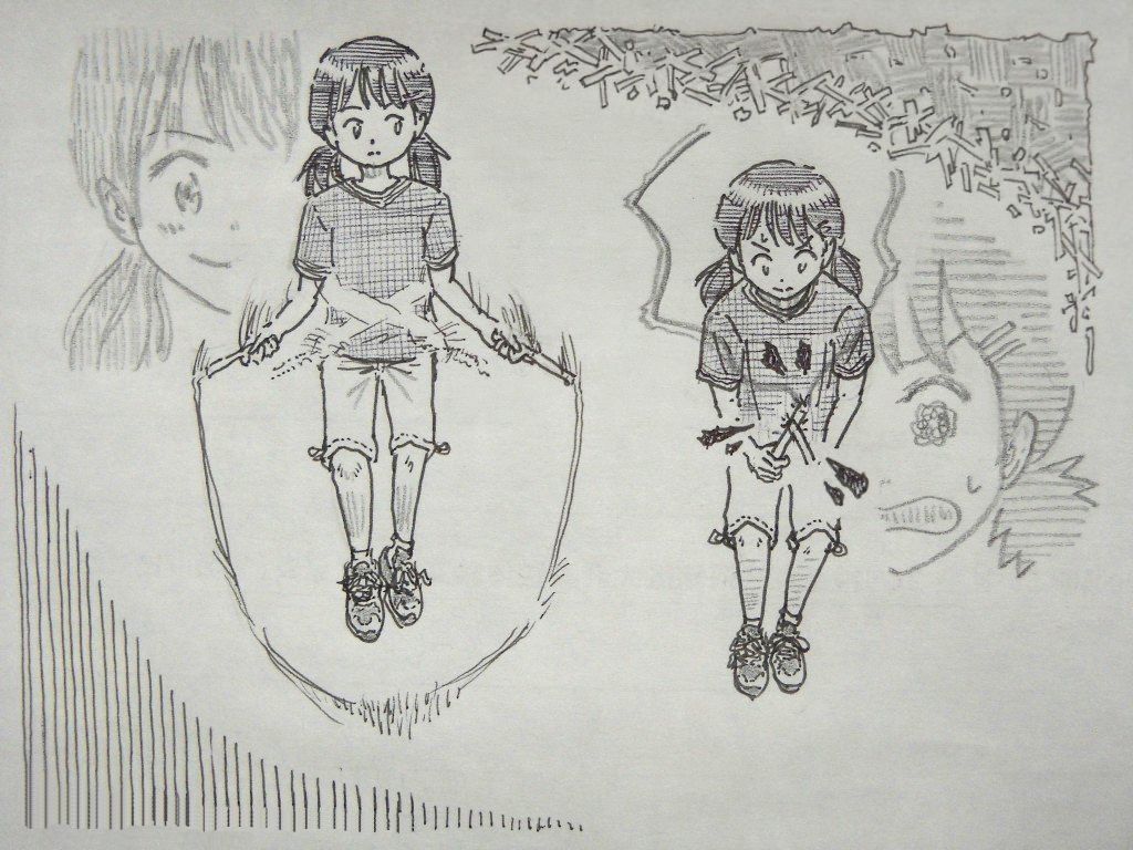 イラスト：空中で交差を開こうとする女の子（同じ子が２人）。左は高く跳んで余裕をもって手を開いている。下にせりあがる効果線。背景に薄書きで強く微笑む顔。右はジャンプが低く、慌ててグリップ同士が当たってしまっている。上にがれきのような模様。背景に薄書きで混乱する顔。