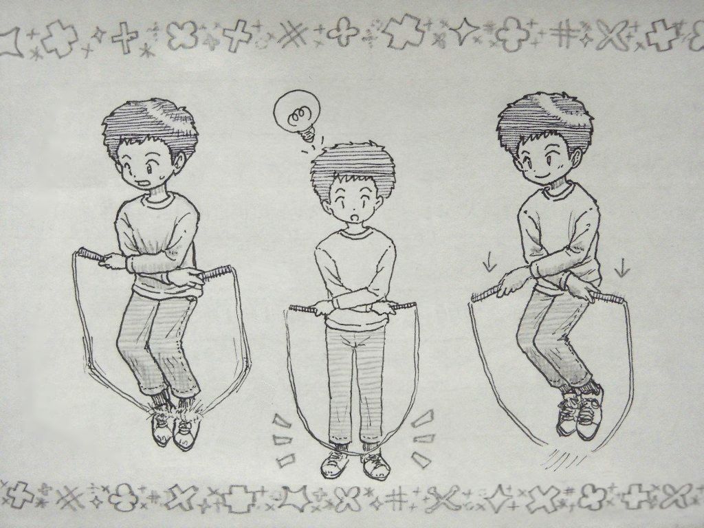 イラスト：男の子が交差の回しかたを改善していく様子。左：最初は交差が足に当たっている。手やグリップがちょっと上向き。　中央：細めの線画で、跳ばずに交差したら足に当たっていることに気づいた様子。頭の上に光る豆電球。　右：手を下に向けて、今度は交差が跳べている。上と下に、十字型をモチーフにしたいろんな模様で枠線のおまけ。