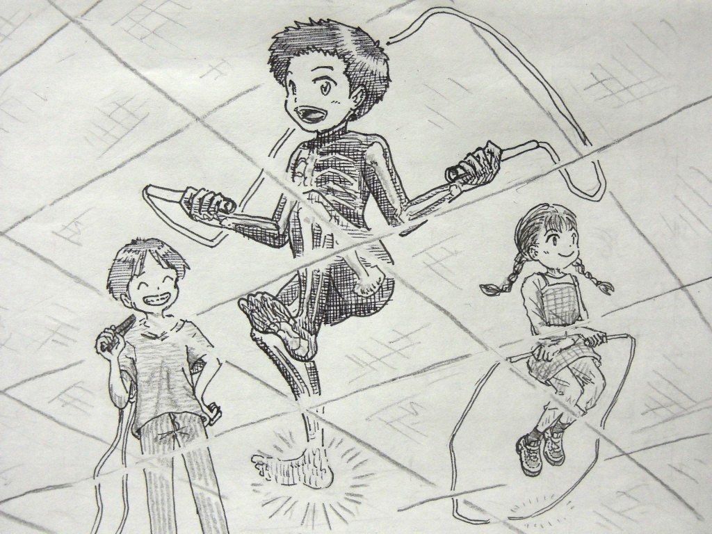 イラスト：透けた床の下から見上げた構図。骨がプリントされたスーツを来た男の子が、片足のかかとを床に当てて跳んでいる。もう片足はかかとを見せて上げている。左に苦笑しながら見ている男の子、右に交差とびをしている女の子。