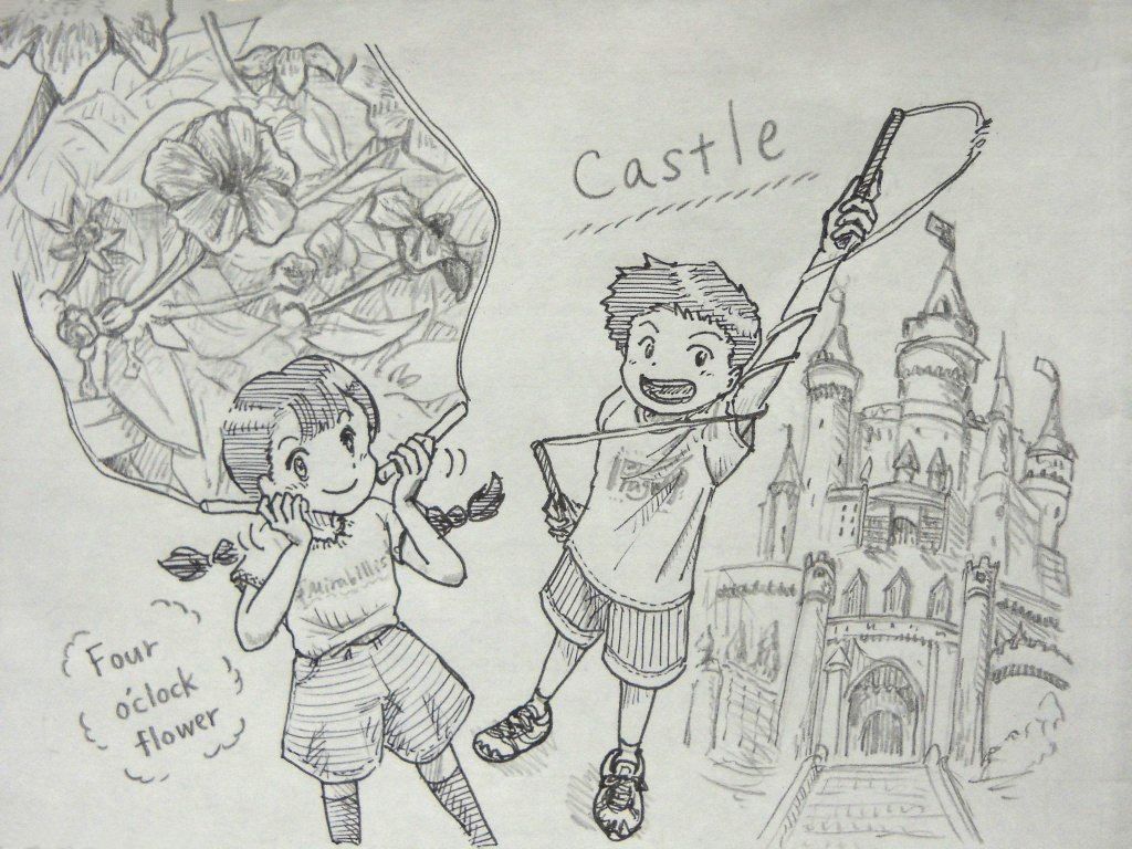 イラスト：オシロイをイメージしながら頬にグリップをパフしている女の子。縄の輪の中にオシロイバナ。余白に「Four o'clock flower」　片手を天高く掲げてアームラップする男の子。お城の尖塔の旗のイメージ。余白には西洋のお城と「Castle」。