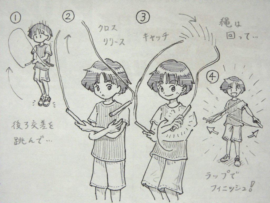 イラスト：続く説明のとおり。１．後ろ交差を跳んで、２．クロスリリース、３．キャッチ。縄は回って、４．ラップでフィニッシュ！