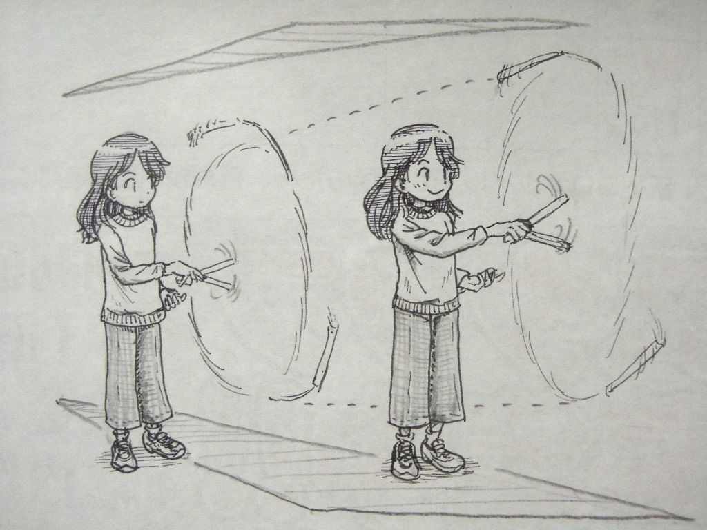 イラスト：リリースしている女の子の様子を２つ。左は肩や腕を落としぎみに回している。右は肩を上げてリリースも高く、幅のある動き。それぞれのリリースの頂点をつなげて点線。右のほうに広がっている。背景に、左側から右側に広がる三角形のイメージ。
