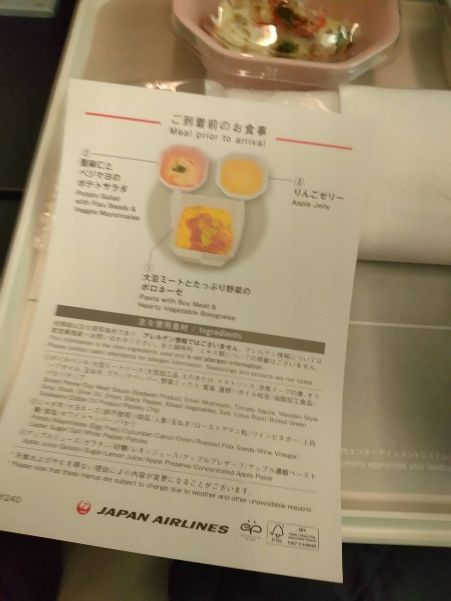 JAL国際線機内食の献立表