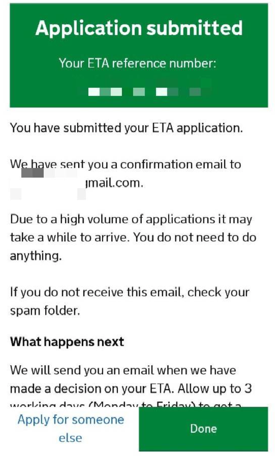 登録完了の画面 ETA イギリス 電子渡航申請