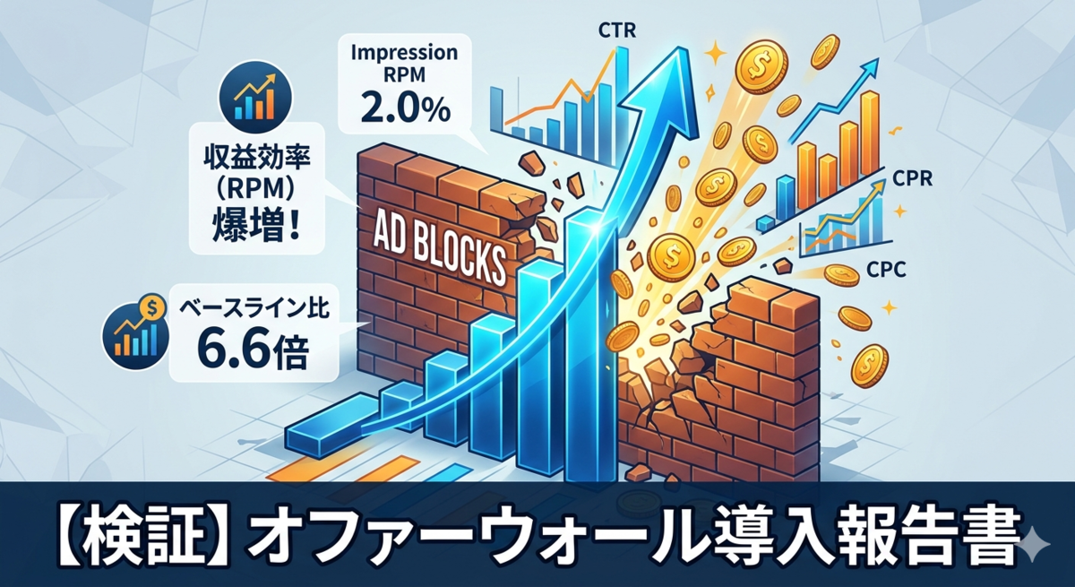 『検証:オファーウォール導入報告書』という文字と共に、AD BLOCKS(広告ブロック)の壁を突き破って収益グラフとコインが右肩上がりに爆発するビジネスイラスト
