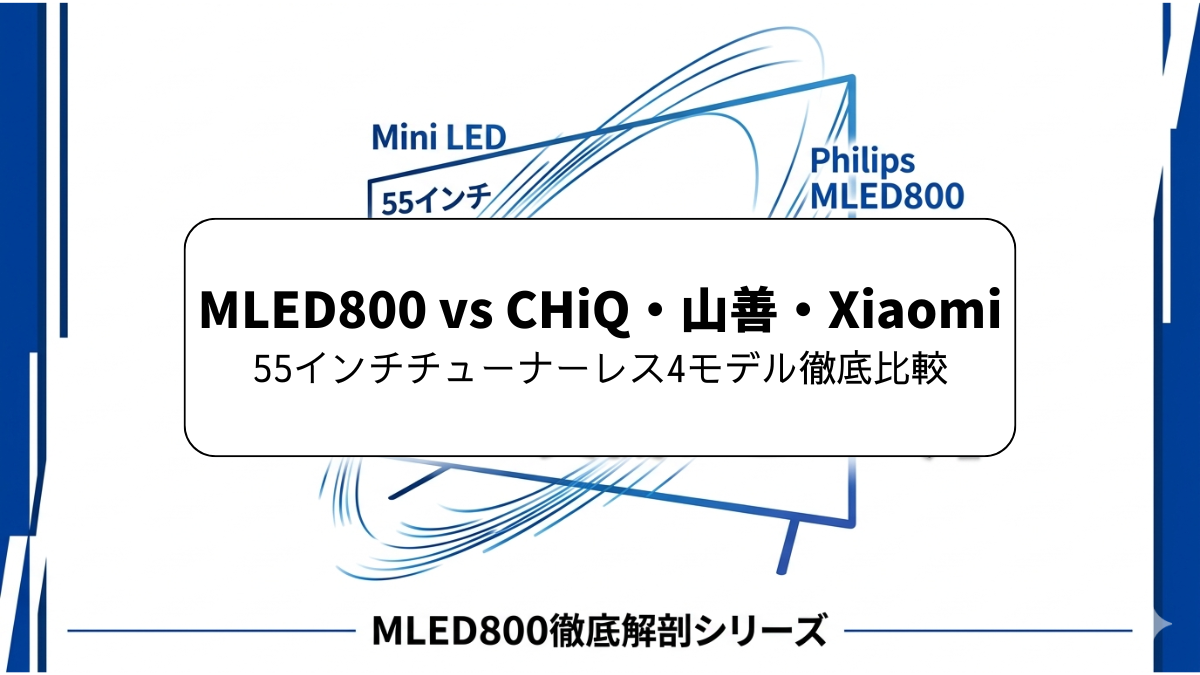 青と白を基調にしたミニマルデザインのサムネイル画像。中央に記事タイトルが入り、背景にはMini LEDや55インチテレビを象徴する青い光のラインアートが配置されている。「Philips MLED800徹底解剖シリーズ」の共通デザイン。