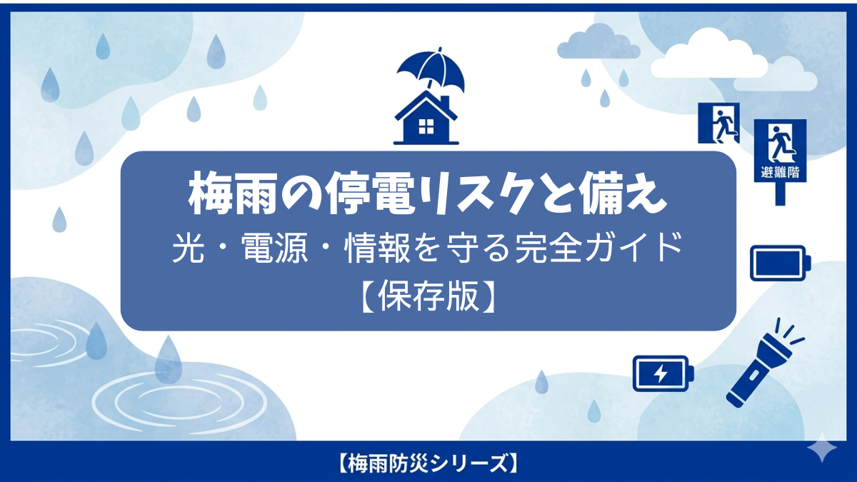 梅雨の防災総合ガイドのサムネイル画像。青と白を基調に、雨粒・雲・水の波紋と家や避難アイコンを組み合わせ、大雨・豪雨・停電・断水・冠水・備蓄など梅雨の災害対策を表現したデザイン。