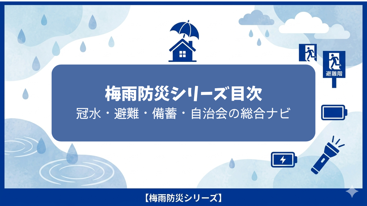 梅雨の防災総合ガイドのサムネイル画像。青と白を基調に、雨粒・雲・水の波紋と家や避難アイコンを組み合わせ、大雨・豪雨・停電・断水・冠水・備蓄など梅雨の災害対策を表現したデザイン。