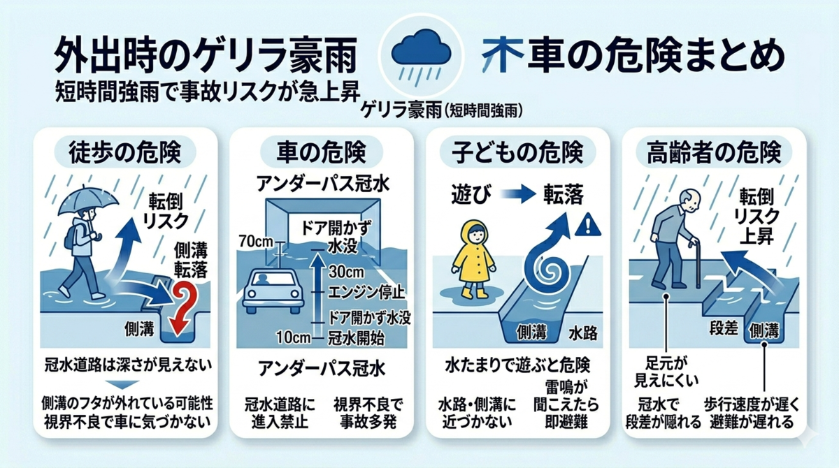 ゲリラ豪雨による外出時の危険を徒歩・車・子ども・高齢者の4区分で示した図。冠水道路での転倒や側溝転落、アンダーパス冠水による車の水没、子どもの水路転落、高齢者の転倒リスク上昇など、短時間強雨で事故リスクが急上昇することをまとめたインフォグラフィック。