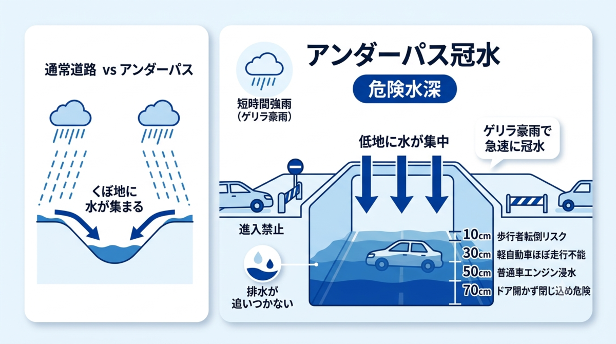 通常道路とアンダーパスを比較し、ゲリラ豪雨で低地に水が集中して短時間で冠水する様子を示す図。10cmで歩行者転倒リスク、30cmで軽自動車ほぼ走行不能、50cmで普通車エンジン浸水、70cmでドアが開かず閉じ込め危険となる水深を示し、進入禁止の重要性を強調したインフォグラフィック。