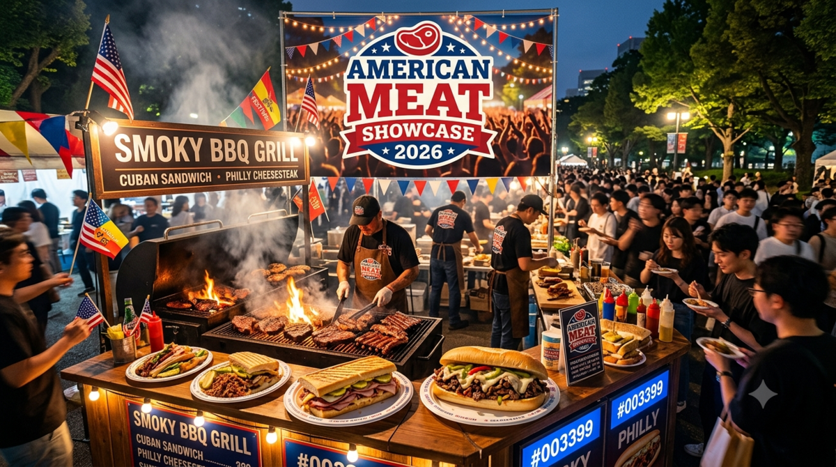 アメリカンミートショウケース2026の夜間会場で、BBQグリルから立ち上る煙と炎の中、スタッフが肉を焼き、キューバサンドやフィリーチーズステーキの看板が並ぶ屋台に多くの来場者が集まっている様子