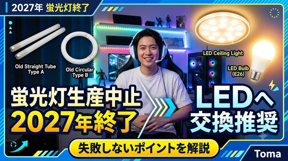 「2027年蛍光灯終了!」という文字とともに、古い直管蛍光灯(生産中止)と光るLEDシーリングライト(交換推奨)を比較したブログのサムネイル画像。中央にヘッドホンをした男性ゲーマーTomaが座り、背景はRGBライティングのゲーム部屋。LED交換で教える失敗しないポイントを解説。