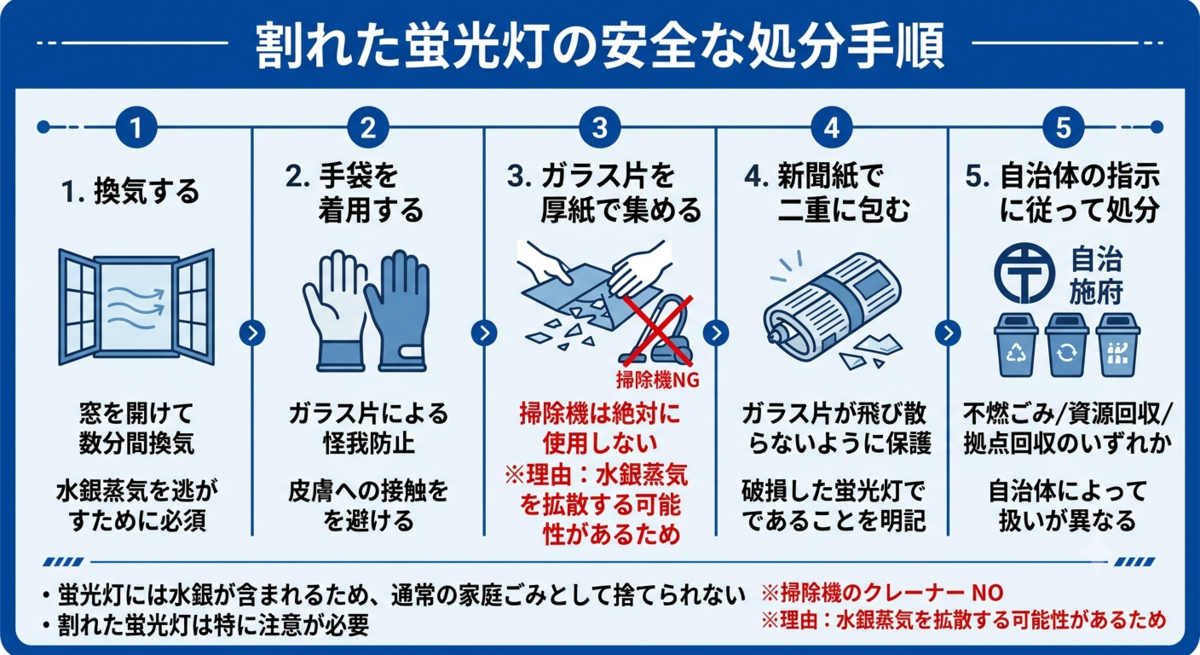 割れた蛍光灯の安全な処分手順を説明する日本語インフォグラフィック。 換気、手袋着用、厚紙でガラス片を集める(掃除機は使用禁止)、新聞紙で二重に包む、自治体ルールに従って処分するという5つのステップがイラスト付きで示され、水銀蒸気拡散の危険性にも注意喚起している図。