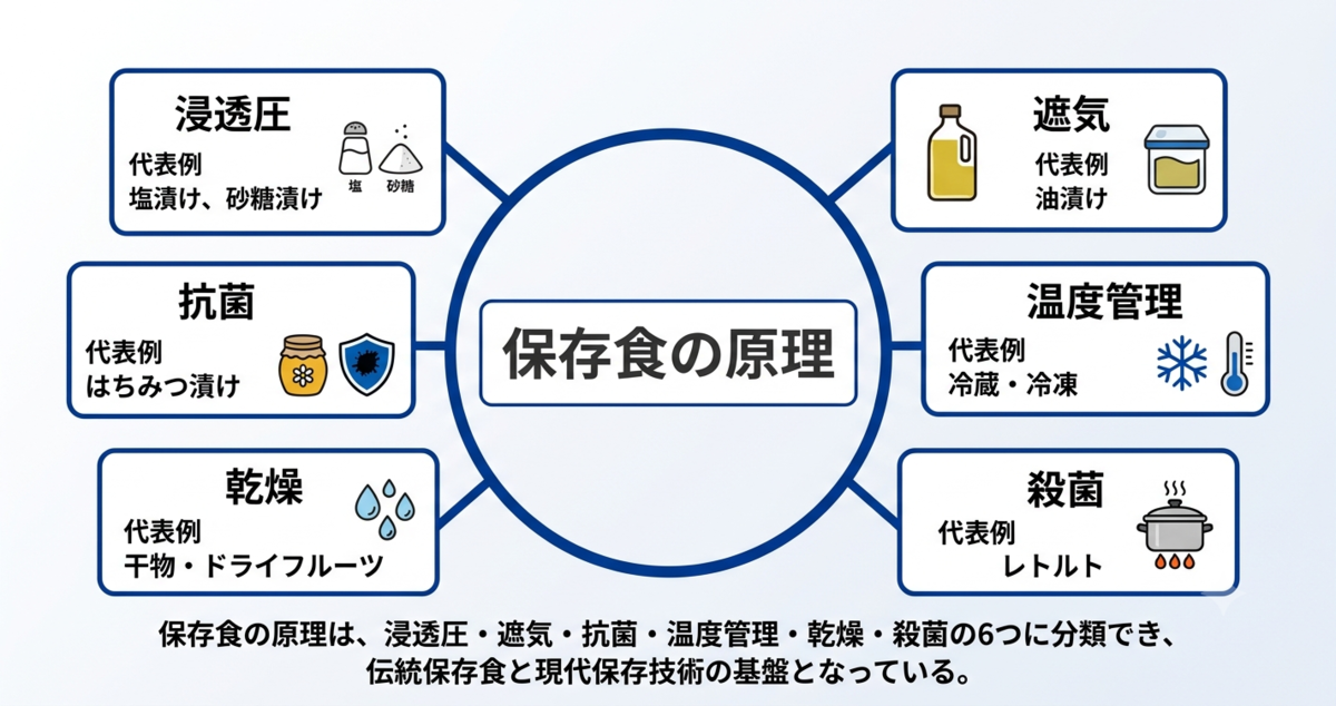 塩・砂糖・油・はちみつの保存資源を、原理・歴史・文明・宗教・軍事・現代技術との関係で比較したマトリクス表。油の行が特に強調されている。
