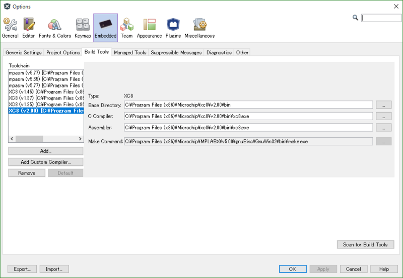 XC8 (v2.00) を消して，Scan for Build Tools を押す