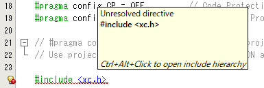 赤い波線が #include <xc.h> に引かれている