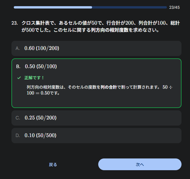 23. クロス集計表で、あるセルの値が50で、行合計が200、列合計が100、総計が500でした。このセルに関する列方向の相対度数を求めなさい。  A. 0.60 (100/200)  B. 0.50 (50/100)  正解です！ 列方向の相対度数は、そのセルの度数を列の合計で割って計算されます。 50&divide;100=0.50です。  C. 0.25 (50/200)  D. 0.10 (50/500)