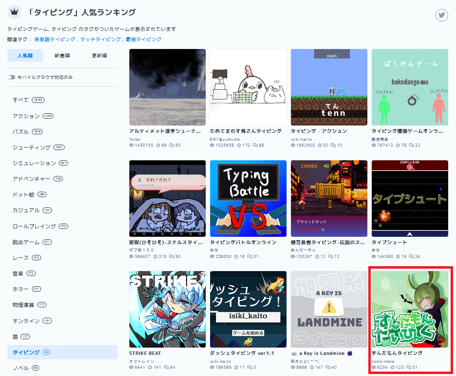 unityroom タイピングゲームは人気なの？ - ゲーム化！tomo-manaのブログ