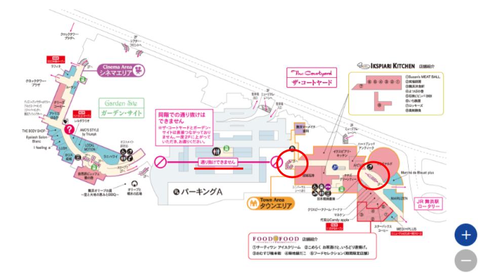 イクスピアリ1階(〇が2階へのエスカレーター)