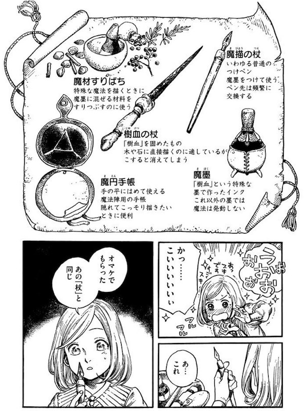 漫画「とんがり帽子のアトリエ」（白浜鴎）1巻より、ココの魔法道具