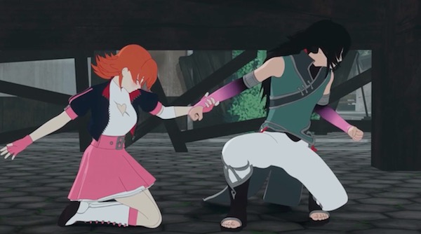 アニメ「RWBY（ルビー）Volume 4」第12話より、床下でのレンとノーラ