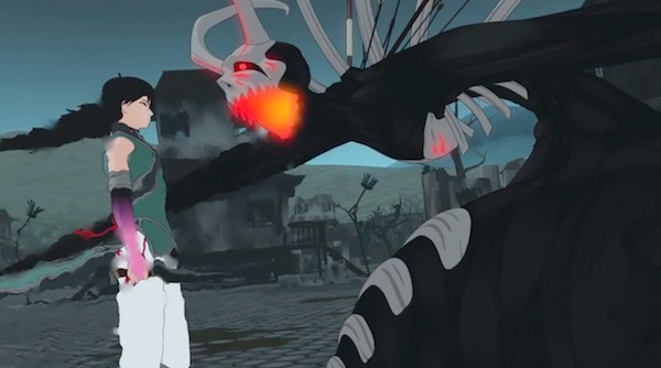 アニメ「RWBY（ルビー）Volume 4」第12話より、父の形見のナイフで止めを刺すレン