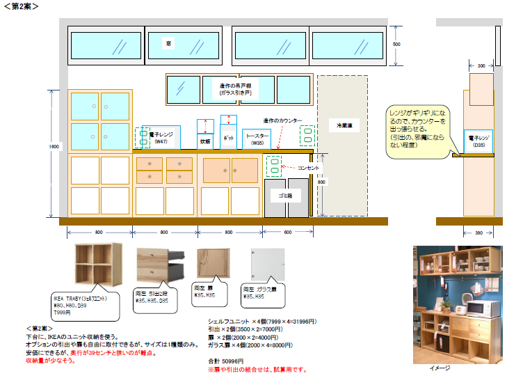 イケア トレービーを使ったキッチン背面収納のイメージ図