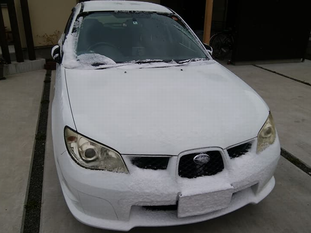 フロントに着雪した車の画像