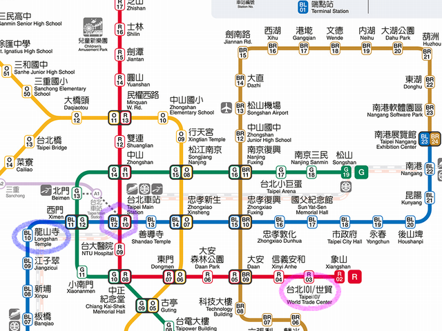 台湾のMRT路線図 龍山寺から台北101まで