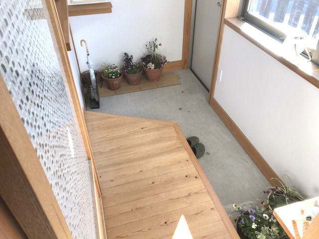 ビオラの鉢が並べられた玄関の全景