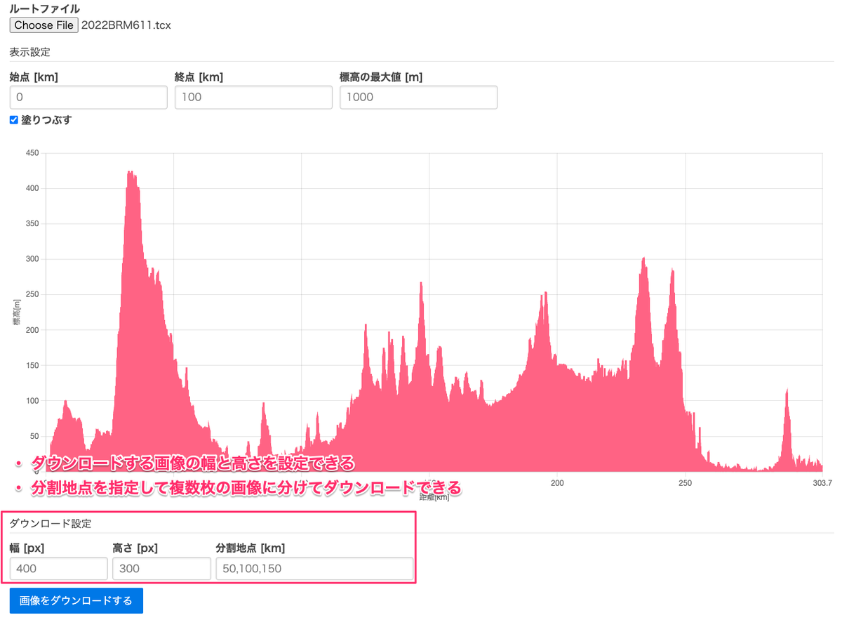 ダウンロードする画像の幅と高さ、分割地点の設定欄