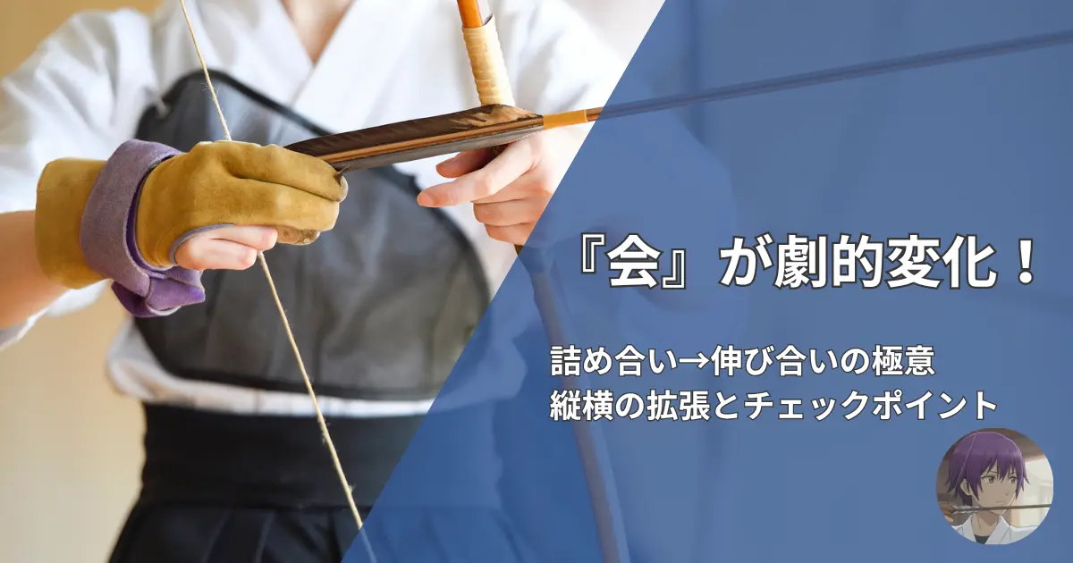 弓道の「会」の詰め合いと伸び合い。正しい順序（詰め合い&rarr;伸び合い）による縦横の拡張と、頬付け・胸弦のチェックポイントを解説。