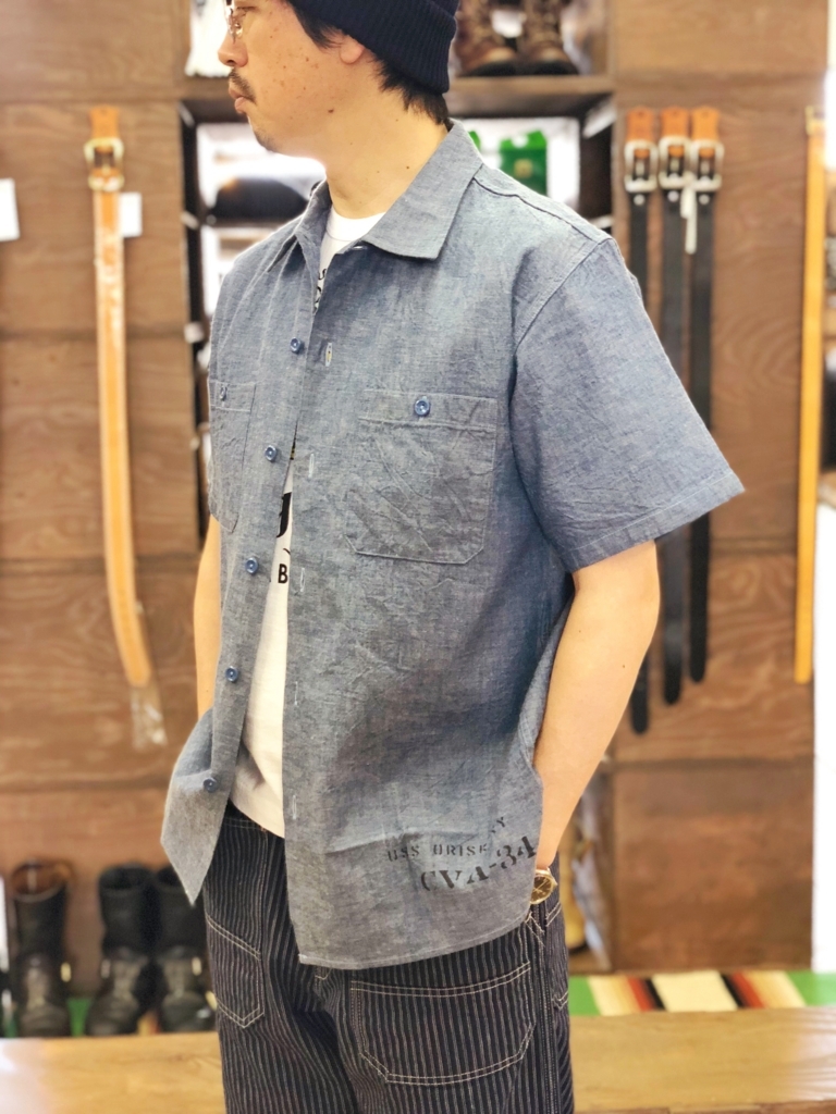 バズリクソンズ　半袖　ワークシャツ　ミリタリー　シャンブレー　白色シャツ バズリクソンズ(BUZZ RICKSON'S) シャンブレーワークシャツ