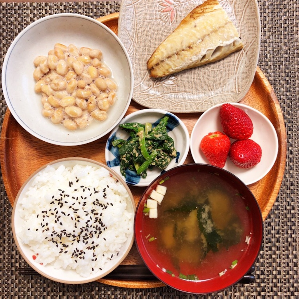 朝食ワンプレート 焼きさば 小粒納豆 ほうれん草の胡麻和え しっかり朝ごはん日記