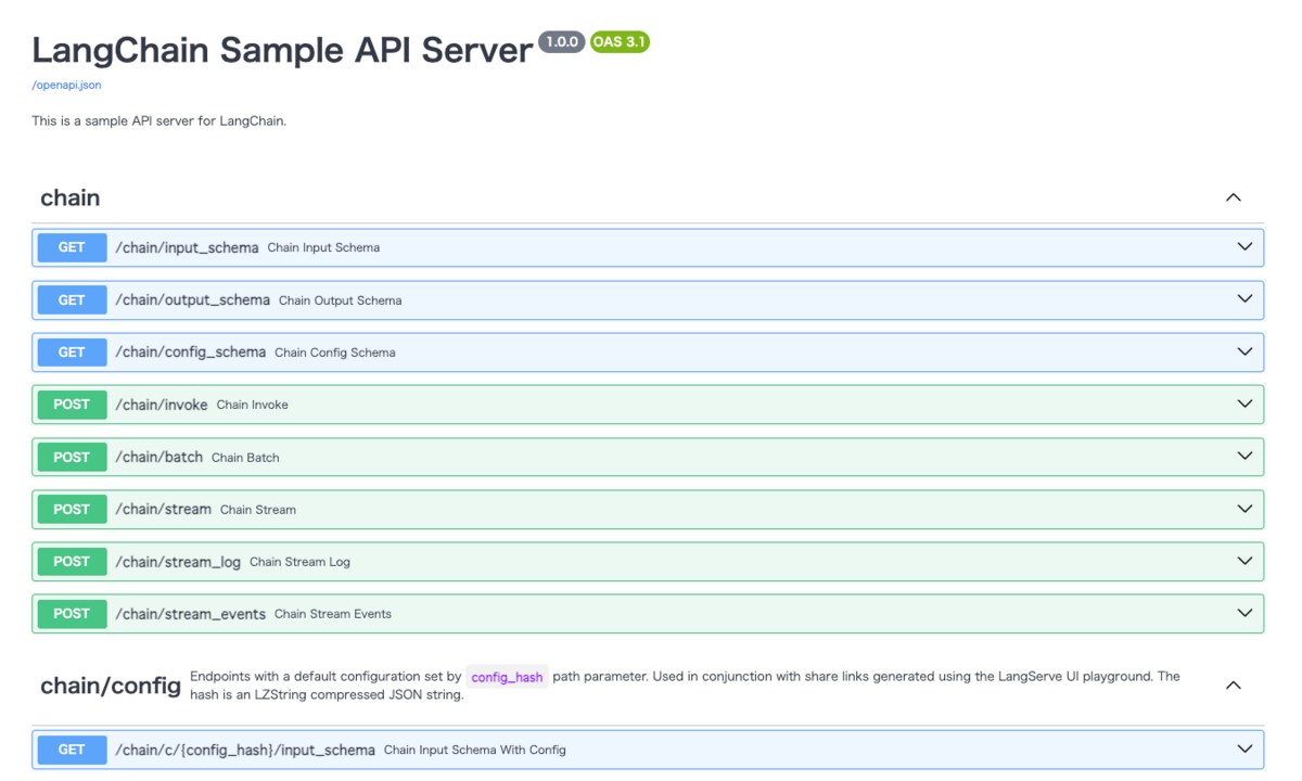 LangServeのOpenAPI画面