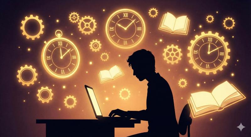 PC作業中に魔法のように時間を生み出す様子を表現しました。