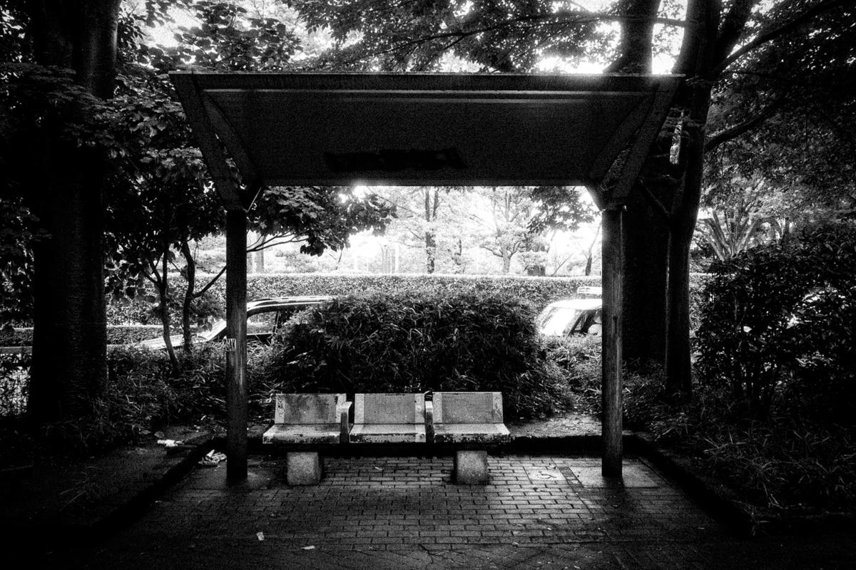 雨の中に並ぶ空席