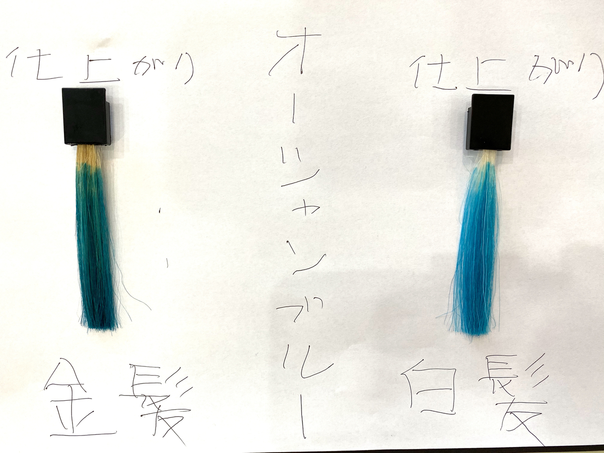 エンシェールズカラーバターのオーシャンブルーで金髪と白髪に染めた仕上がり 