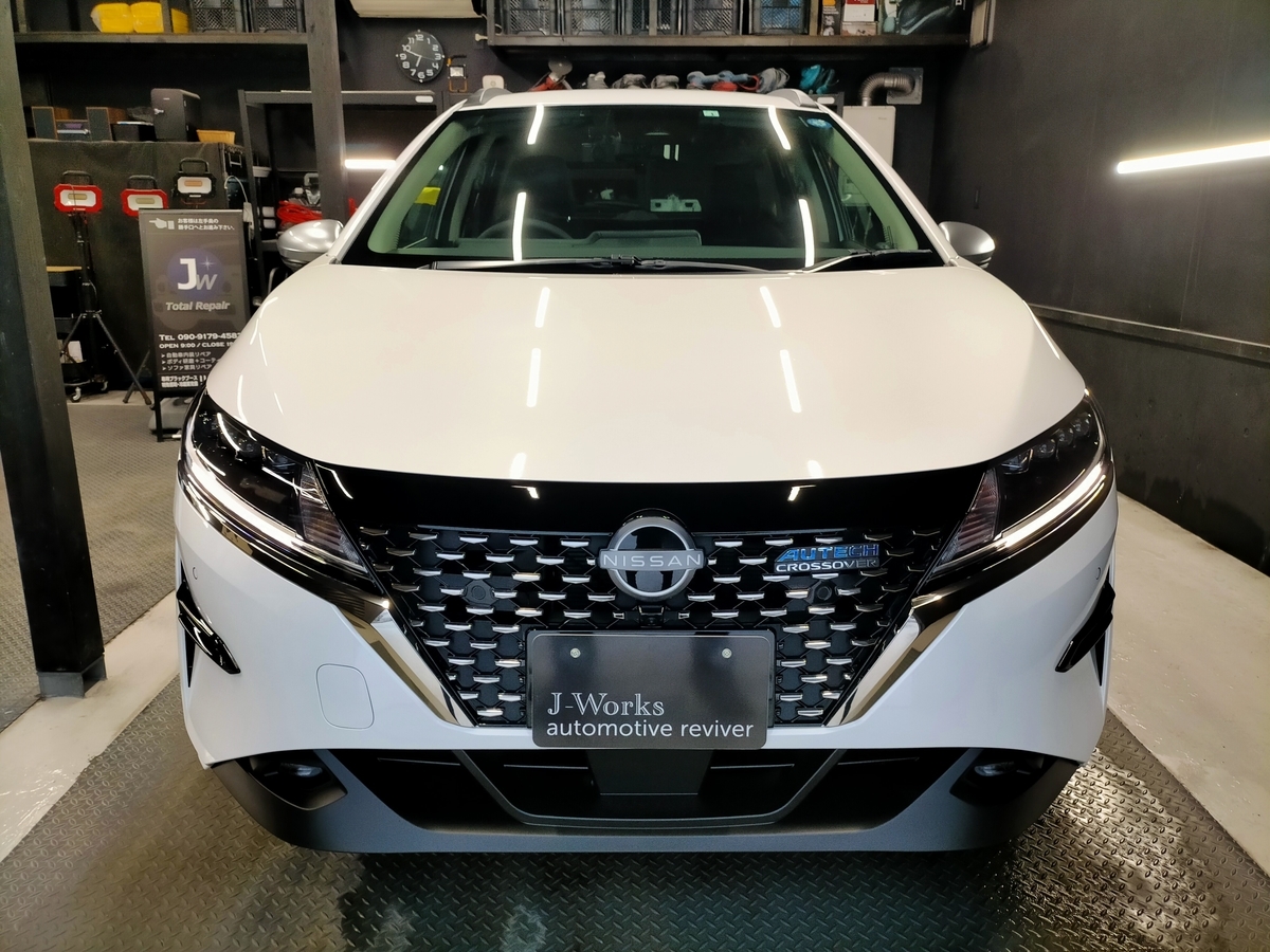 自動車ボディコーティング 173 新車 日産 ノート Autech Crossover オーテッククロスオーバー 樹脂硬化型コーティング W Omega 未塗装樹脂パーツコーティング トータルリペア J Works 札幌の車内装修理 ボディコーティング 施工事例集