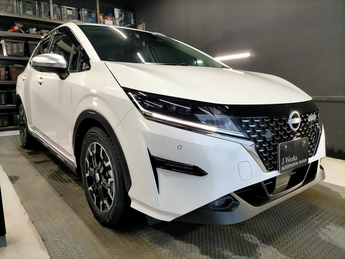 自動車ボディコーティング 173 新車 日産 ノート Autech Crossover オーテッククロスオーバー 樹脂硬化型コーティング W Omega 未塗装樹脂パーツコーティング トータルリペア J Works 札幌の車内装修理 ボディコーティング 施工事例集