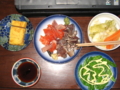 [肴]玉子焼き、サーモンかつお刺身、キャベツ人参ピクルス、醤油、さやえ