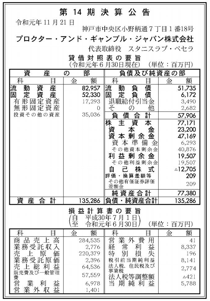 プロクター アンド ギャンブル ジャパン株式会社 第14期決算公告 題名のないnote プロクター アンド ギャンブル ジャパン株式会社 第14期決算公告 題名のないnote