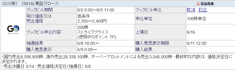 SBI証券のGO（581A）IPOブックビルディング申込画面。200株・ストライクプライス・IPOポイント7P使用で申し込み済みの状態