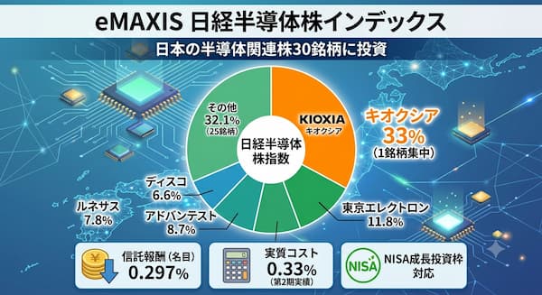 eMAXIS 日経半導体株インデックスの構成比率を示す円グラフ。キオクシア33%(1銘柄集中)、東京エレクトロン11.8%、アドバンテスト8.7%、ディスコ6.6%、ルネサス7.8%、その他25銘柄32.1%。信託報酬(名目)0.297%・実質コスト0.33%(第2期実績)・NISA成長投資枠対応。