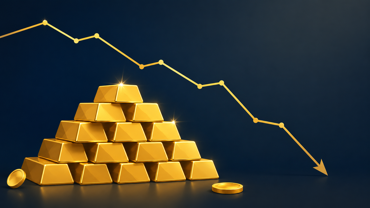 サクっと純金(為替ヘッジなし)はやめとけと言われる理由のアイキャッチ、積み上がった金塊と右肩下がりの折れ線グラフのイラスト
