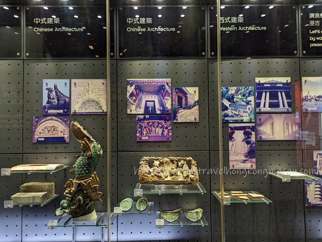A display of Tang Dynasty artifacts and photographs showcasing Chinese and Western architecture related to the Maritime Silk Road, including a dragon sculpture and intricately carved jade items.