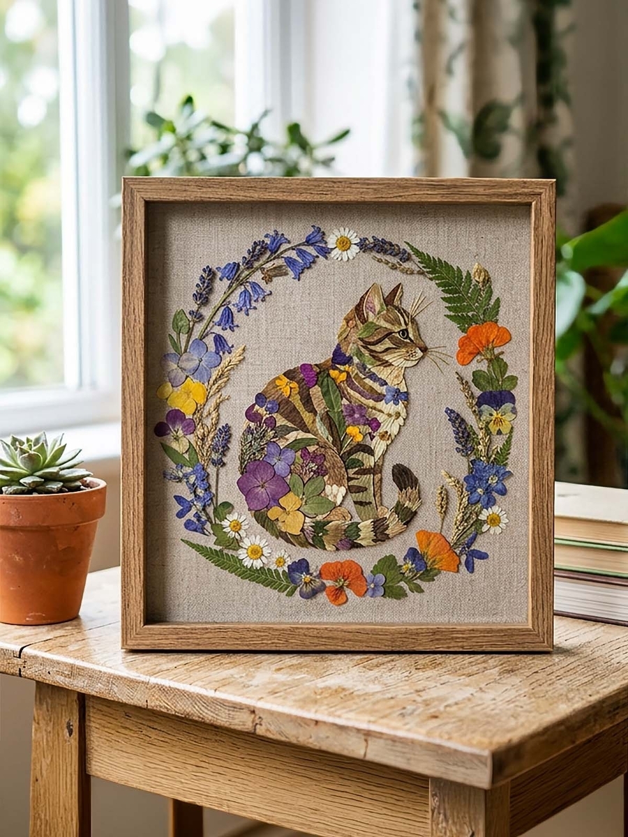 押し花アート展 AIによる押し花なアート（花と蝶と猫） - 猫のおもてなし